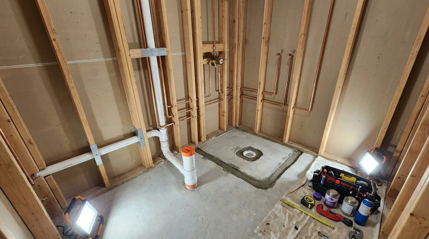 Bathroom rough-in plumbing during remodel by Johns Plumbing LLC in Bowbells