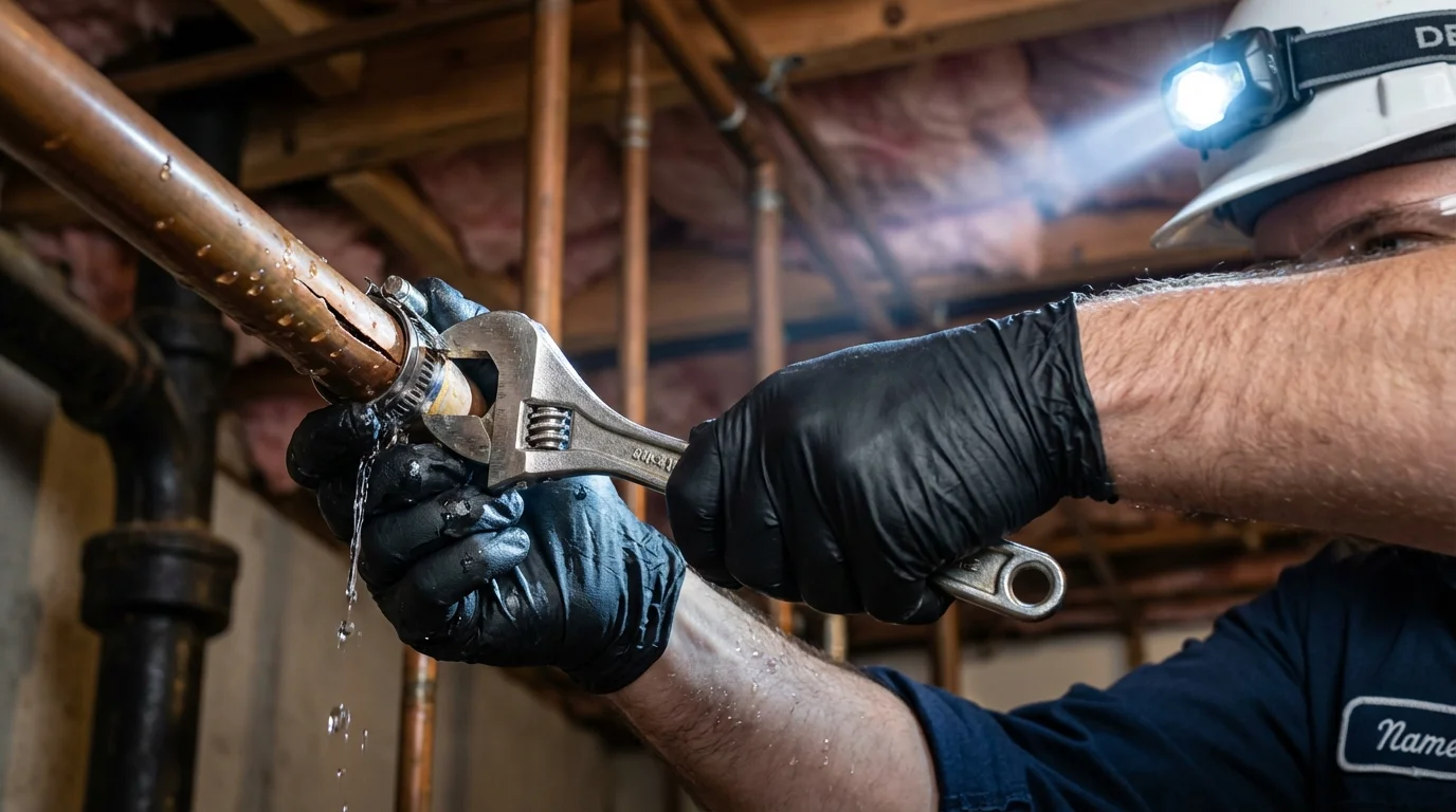 Emergency pipe clamp repair being performed by a Johns Plumbing LLC plumber in Bowbells