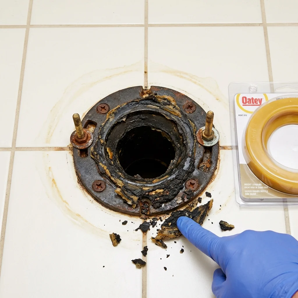 Failed wax ring showing water seepage at the base of a toilet in a Bowbells, ND home