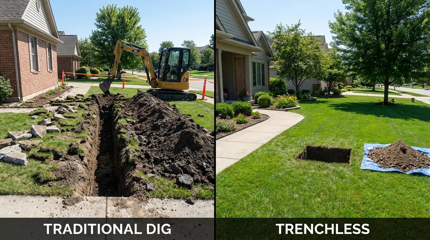 Trenchless sewer repair with minimal yard damage versus traditional excavation in Bowbells, ND