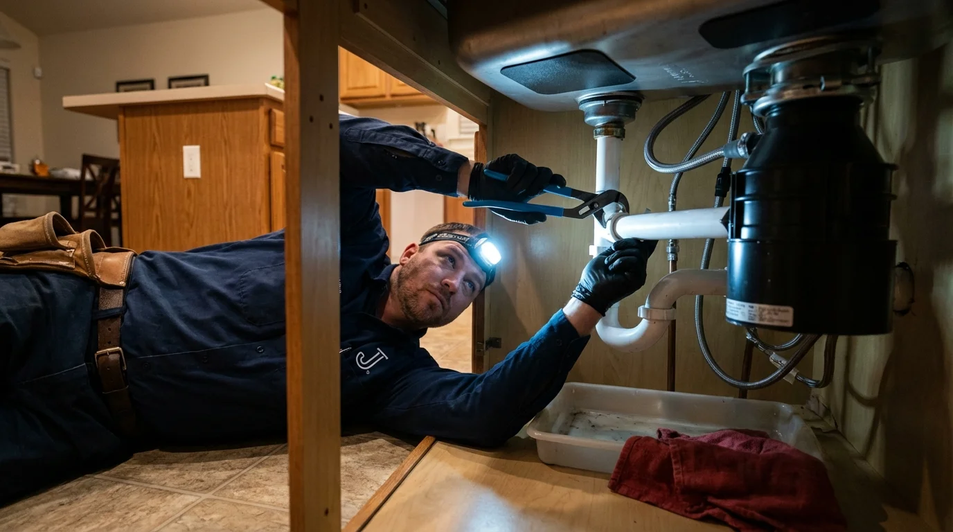 P-trap and supply line connections under a kitchen sink showing a common leak point in Bowbells, ND